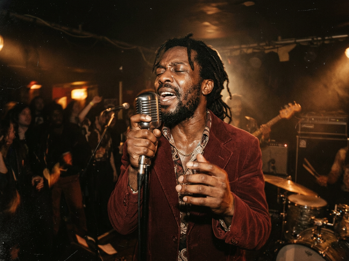 Liam Bailey performing live, mid-vocal, vintage stage lighting.