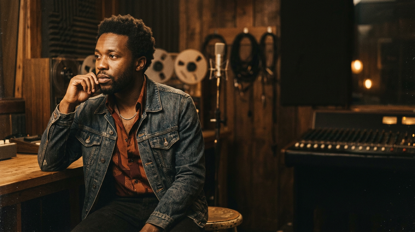 Liam Bailey, contemplative portrait in a vintage recording studio, warm sepia tones.